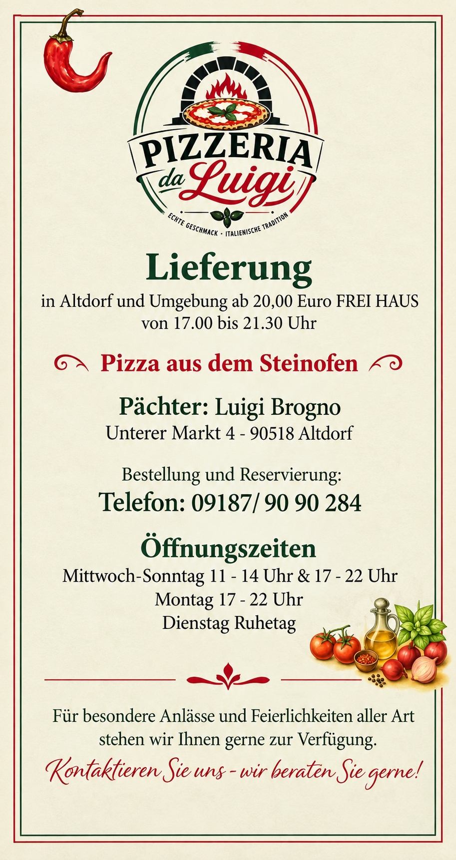 Flyer Pizzeria da Luigi mit Lieferinformationen